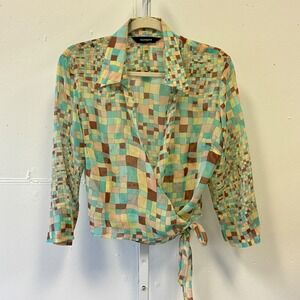 Y2K Express 100% Silk Geometric Mosaic Wrap Top Blouse Teal Tan Brown Sz 13/14 L